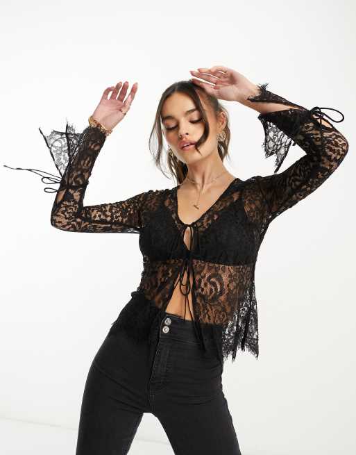 Lace Panel Tie Front Top