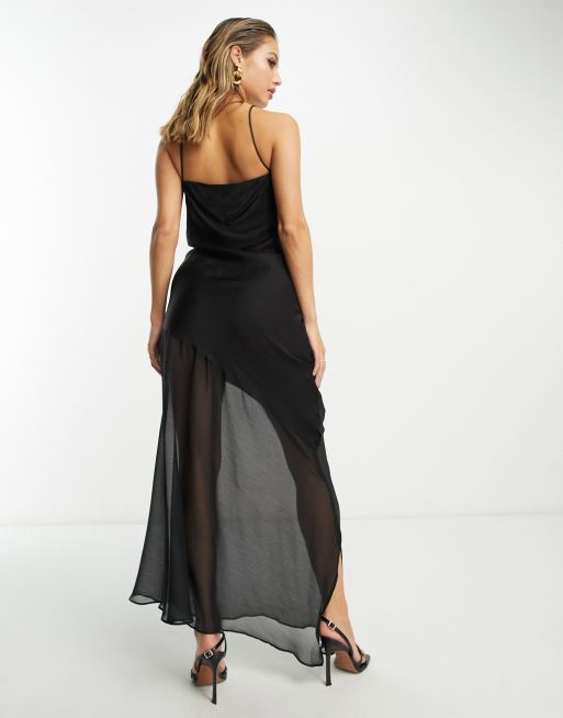 Mango Lace Trim Square Neck Cami Evening Dress in Black