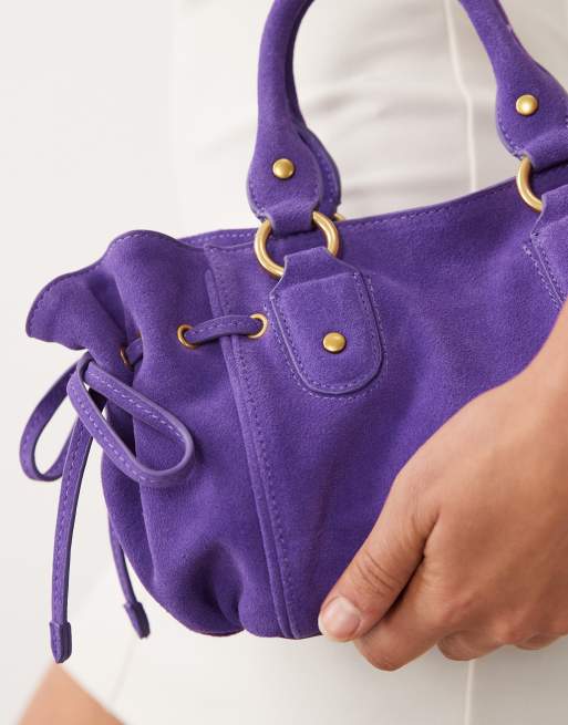 Mango x Hailey Bieber – Jaskrawofioletowa luźna torebka z paskiem z zamszu 100%, 3 z 4