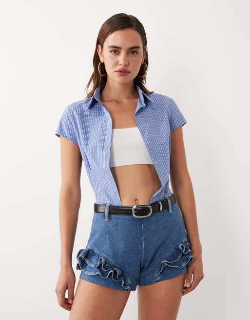 Mango x Hailey Bieber – Mellanblå jeansshorts med volang i 100% bomull, 3 av 5