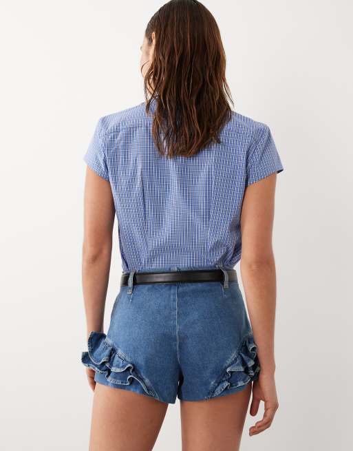 Mango x Hailey Bieber – Mellanblå jeansshorts med volang i 100% bomull, 4 av 5