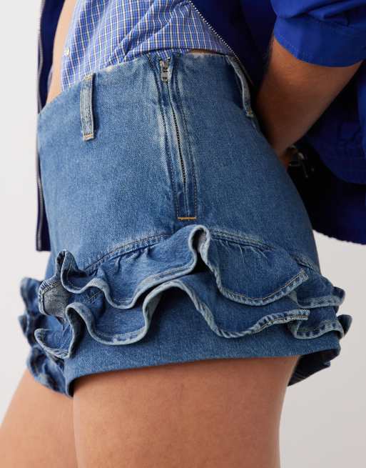 Mango x Hailey Bieber – Mellanblå jeansshorts med volang i 100% bomull, 5 av 5