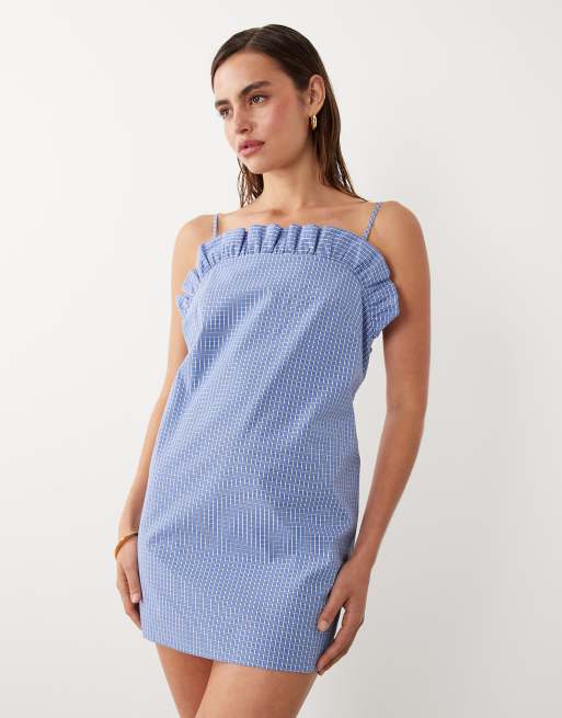 Mango x Hailey Bieber – Niebieska sukienka mini w kratę z falbanką na ramiączkach, 2 z 4