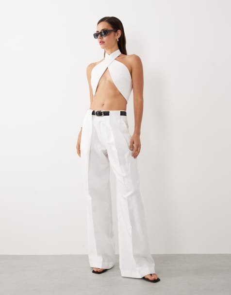 Mango x Hailey Bieber – Vita, figursydda, raka byxor med veck framtill, del av set - view 1
