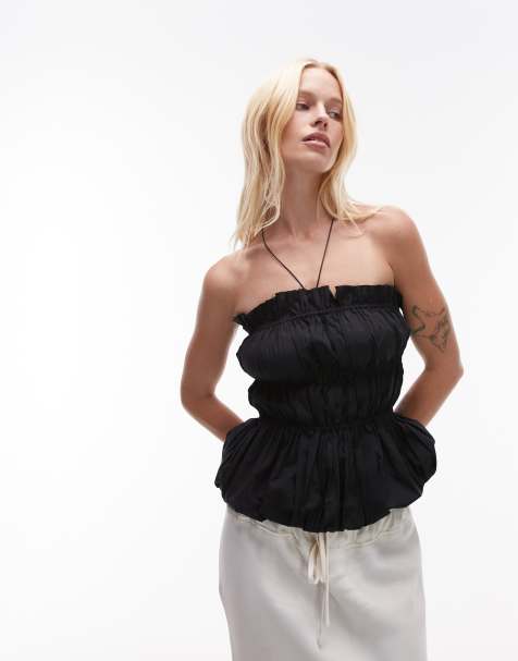 Mango featuring Kaia Gerber premium cotton shirred bandeau top with bubble hem in black