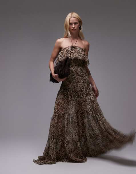 Mango featuring Kaia Gerber bandeau chiffon maxi dress in leopard print 