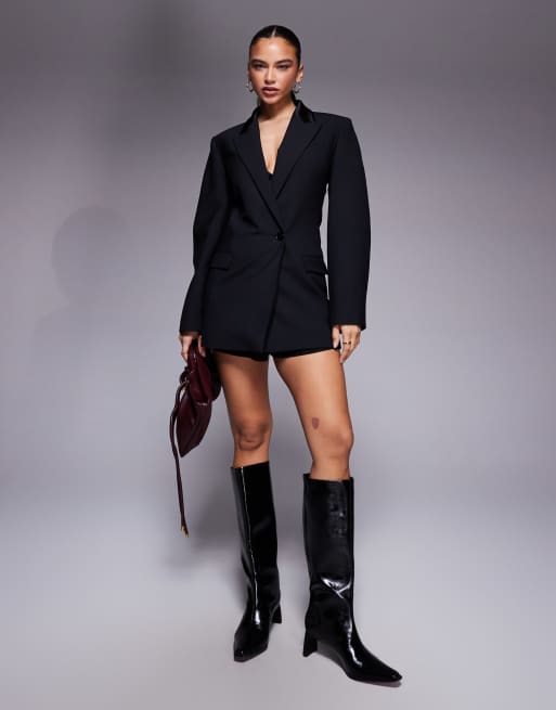 Mango x Kaia Gerber - Vestito blazer corto premium sartoriale nero stretto in vita con spalle oversize