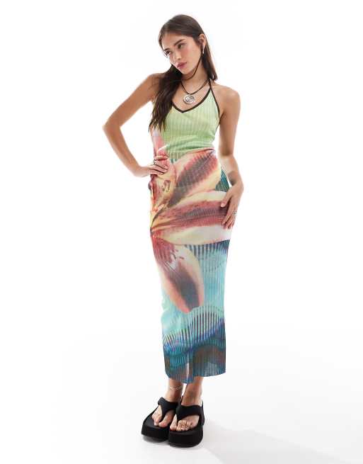 Mango X Siedres - Jurk met halternek en bloemenprint in blauw