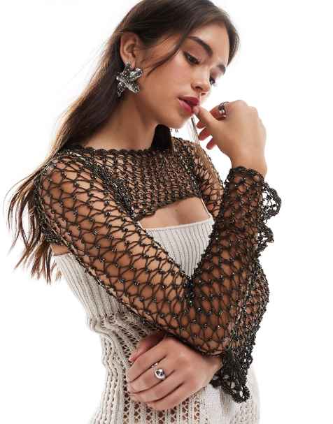 Mango X Siedres – Svart virkad crop top med långa ärmar pärlor - view 1