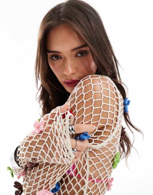 Mango x Siedrés - Vestito lungo all'uncinetto bianco con ricami a fiori, 2 di 4