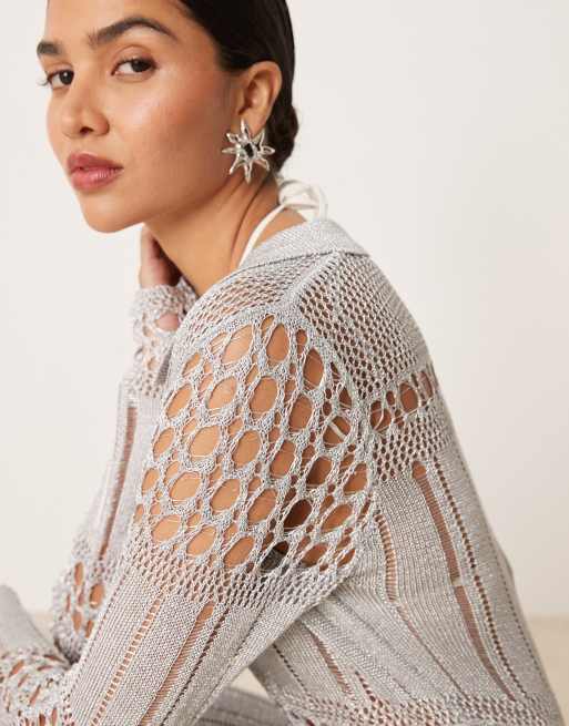 Mango x Supriya Lele crochet mini dress with deep v-neck in silver