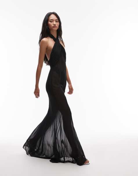 Mango x Supriya Lele – Czarna sukienka maxi z drapowanym dekoltem halter i prześwitującą wstawką - view 1