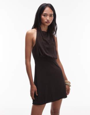 Mango X Supriya Lele Gathered Bodice Dress With Chiffon Halterneck Overlay In Brown