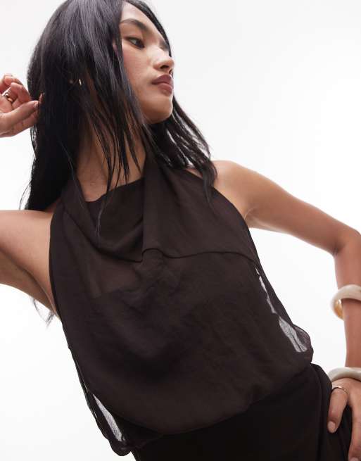 Mango x Supriya Lele gathered bodice with chiffon halterneck overlay in chocolate brown