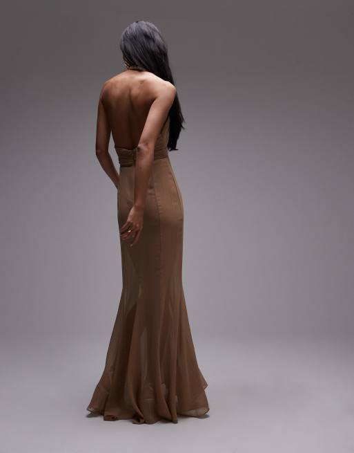 Mango x Supriya Lele gathered chiffon bodice maxi dress in caramel