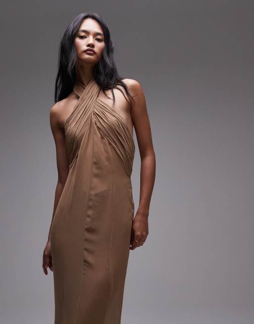 Mango x Supriya Lele gathered chiffon bodice maxi dress in caramel