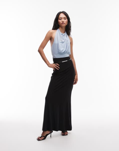 Mango x Supriya Lele cinched waist body suit with draped chiffon halter neck overlay in sky blue