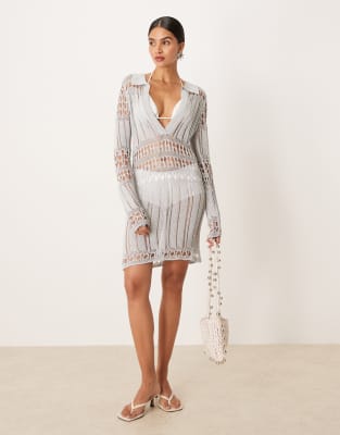 Mango x Supriya - Lele - Robe courte en maille crochetée avec col profond en V - Argenté