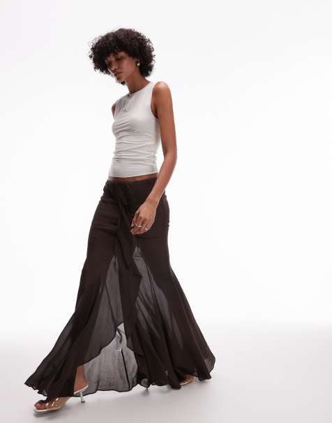 Mango x Supriya Lele ruffled front seam fluid maxi skirt in chocolate brown - view 1