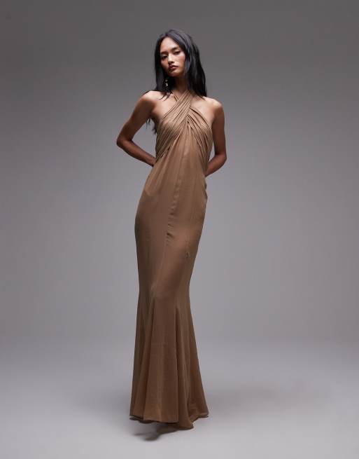 Mango x Supriya Lele - Vestito lungo in chiffon color caramello con corpino arricciato
