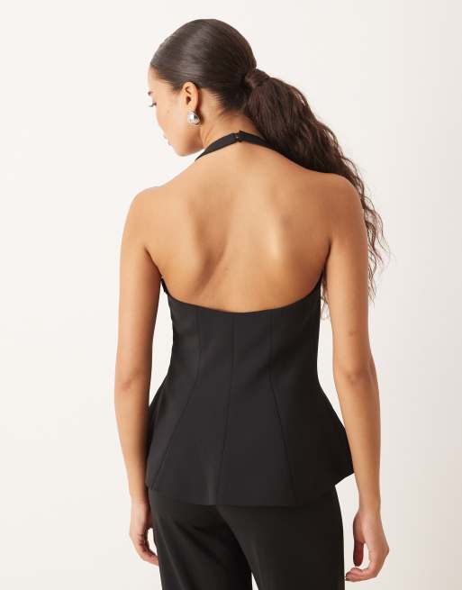 Mango Xcamilo halterneck peplum hem top co-ord in black, 3 of 4