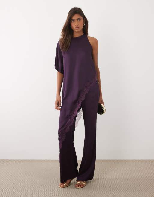 Mango - Yazmin - Coordinato con pantaloni e top con scollo rotondo e mezza manica color prugna con dettaglio in pizzo asimmetrico