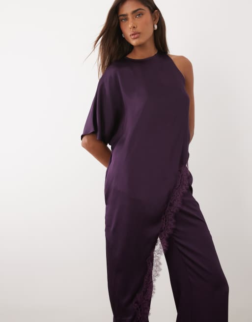 Mango - Yazmin - Pantaloni dritti in raso color prugna in coordinato