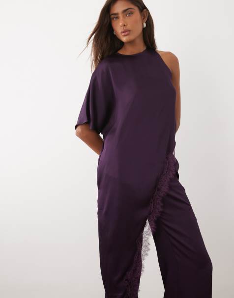 Mango – Yazmin – Plommonlila byxor i satin med raka ben, del av set - view 1