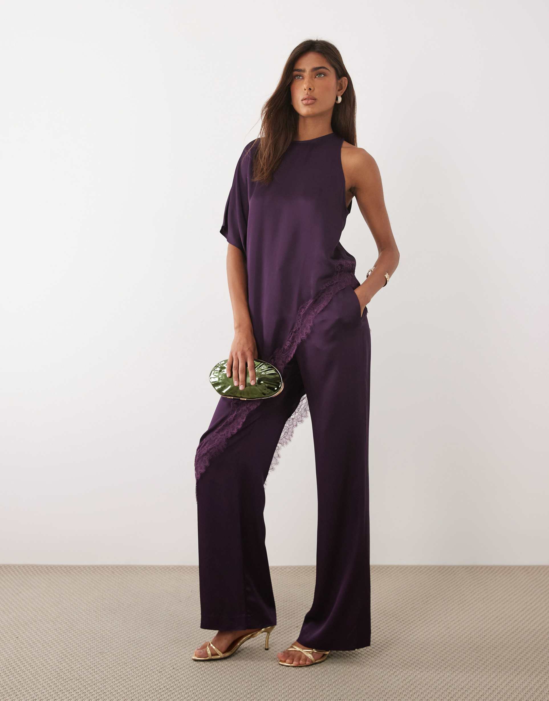 mango yazmin round neck half sleeve asymmetric lace detailed satin top in plum - part of a set