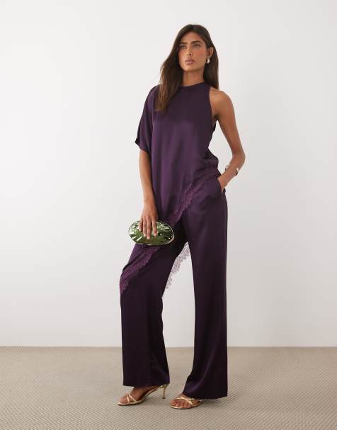 Mango Yazmin satin round neck half sleeve asymetric lace detail top co-ord in plum - view 1