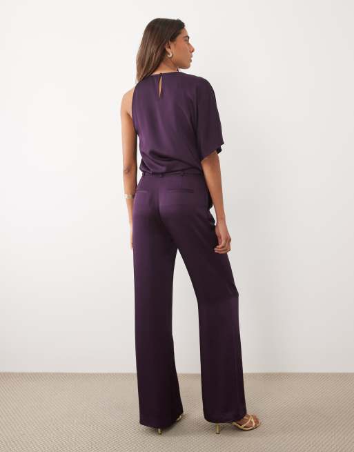 Mango - Yazmin - Top d'ensemble asymétrique en dentelle satinée à col rond et manches mi-longues - Prune, 4 de 5