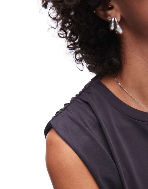Mango - Zacht T-shirt met rimpeldetail op de schouder in antracietgrijs, 2 van 4