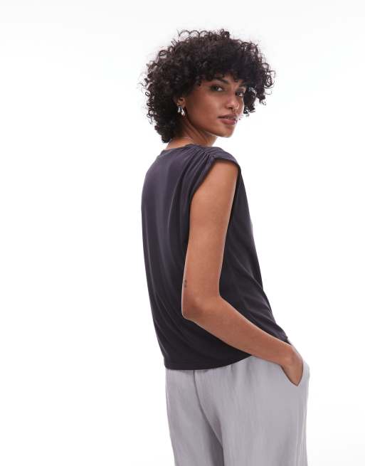 Mango - Zacht T-shirt met rimpeldetail op de schouder in antracietgrijs, 4 van 4