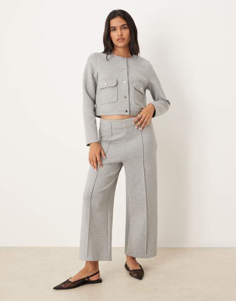 Mango - Zachte broek van katoenmix met geplooide voorkant in grijs, deel van co-ord set - view 1