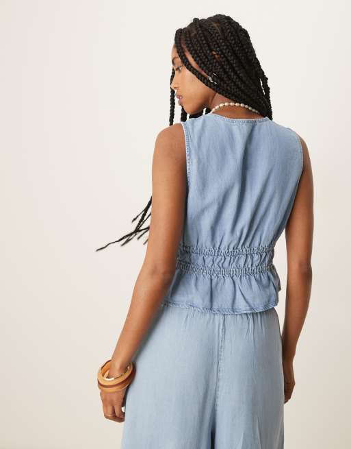 Mango - Zachte denim top met gestrikte voorkant in lichtblauw, deel van co-ord set, 3 van 4