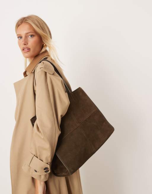 Mango – Zamszowa profilowana torba typu tote w kolorze khaki