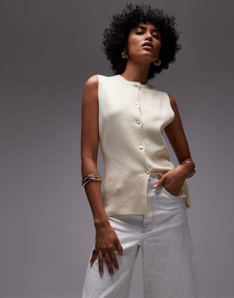 Mango button through knitted waistcoat in ecru