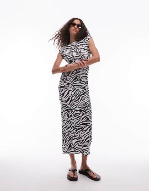 Mango zebra cap sleeve midi dress in white - view 1