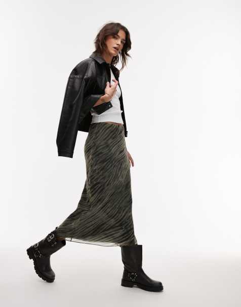 Mango zebra print maxi skirt in green - view 1