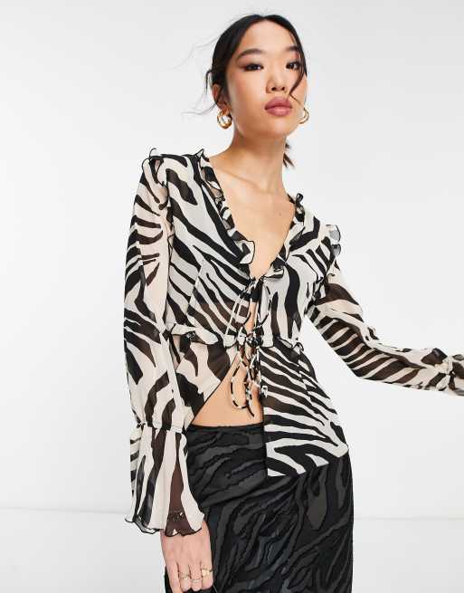 Mango zebra print sheer tie up blouse in brown | ASOS