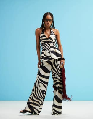 zebra wide leg linen mix pants in white - part of a set-Black