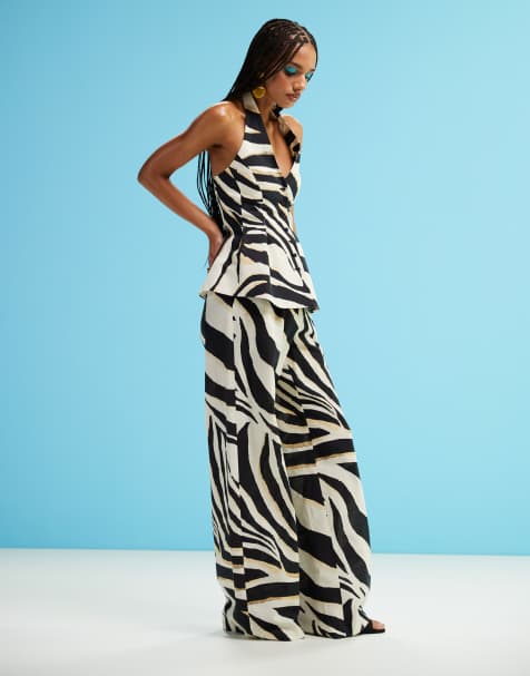 Mango zebra wide leg linen mix trousers co-ord in white - view 1