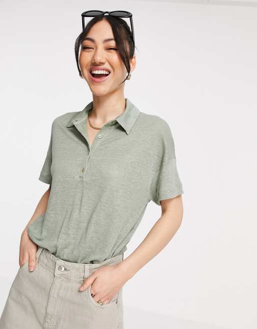 Mango – Zielony lniany top polo