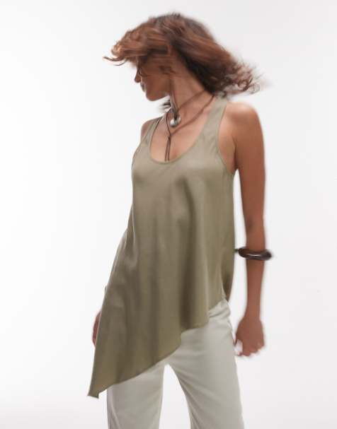 Mango soft touch aysmmetric hem top in green