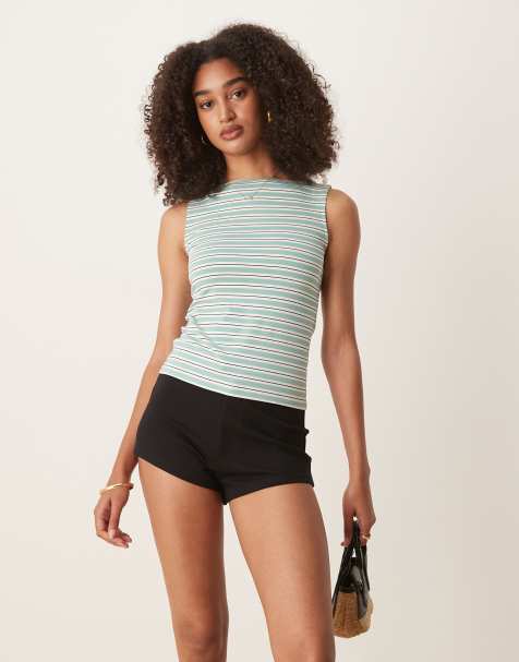 Mango slim fit boat neck striped top in green