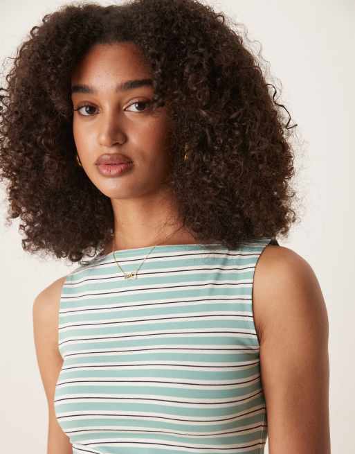 Mango – Zielony top w paski o dopasowanym kroju z dekoltem w łódkę, 2 z 4