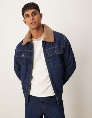 Mango Mango zip down shirt detail denim jacket with borg collar in dark denim-Blue