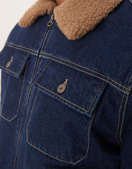 Mango zip down shirt detail denim jacket with borg collar in dark denim