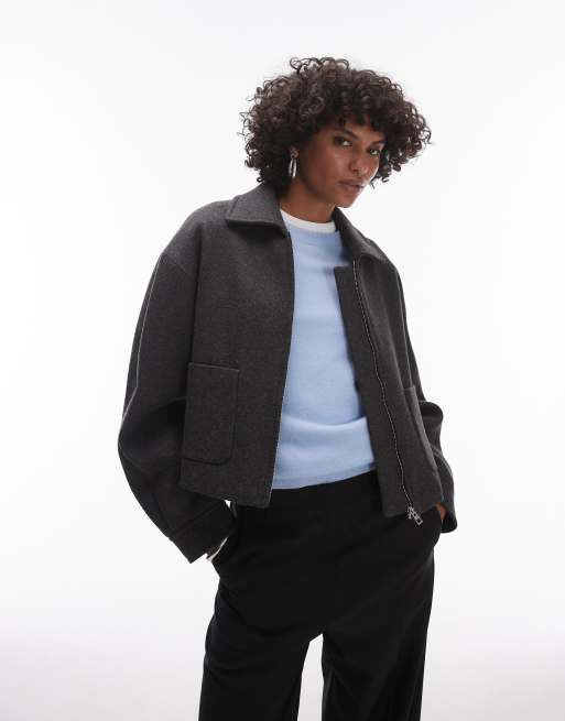 Mango zip down wool jacket in dark gray
