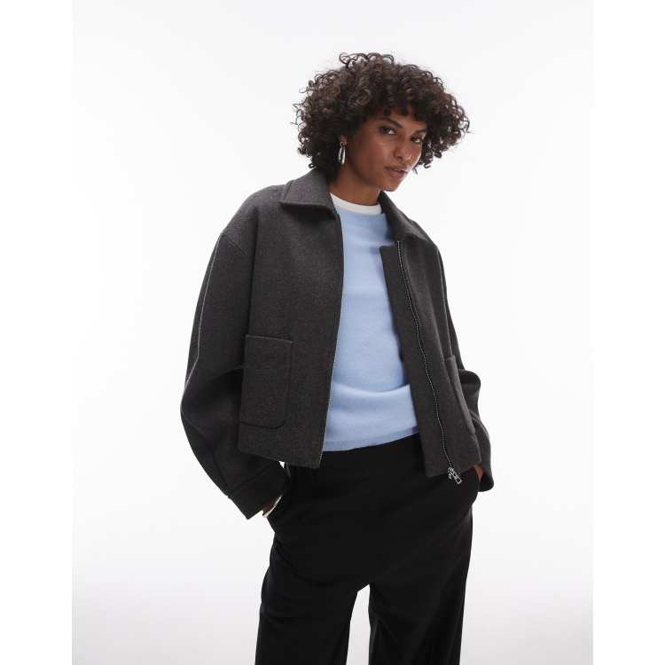 Mango zip down wool jacket in dark grey | ASOS